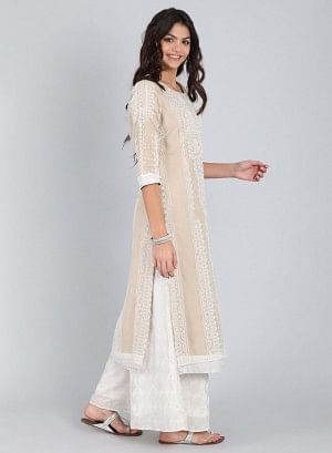 Beige Round Neck Self-Design kurta