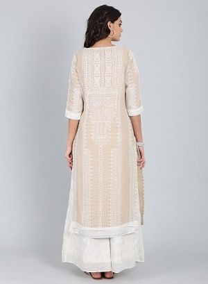 Beige Round Neck Self-Design kurta