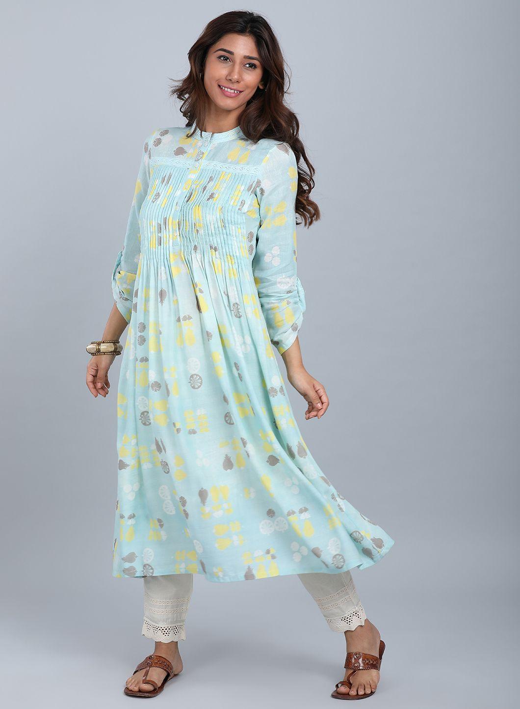 Blue Mandarin Neck Pleated kurta - wforwoman