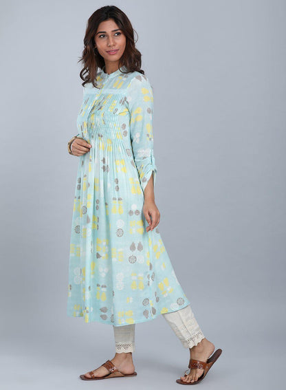 Blue Mandarin Neck Pleated kurta - wforwoman