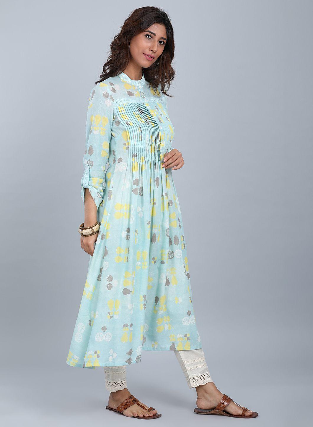 Blue Mandarin Neck Pleated kurta - wforwoman