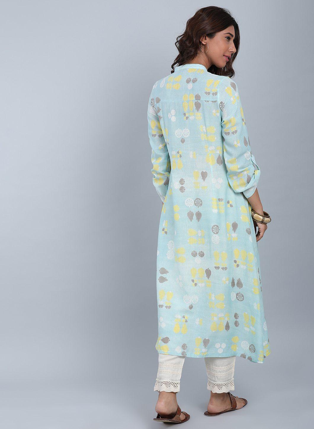 Blue Mandarin Neck Pleated kurta - wforwoman