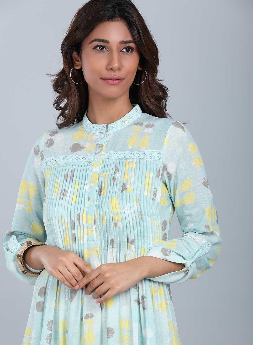 Blue Mandarin Neck Pleated kurta - wforwoman