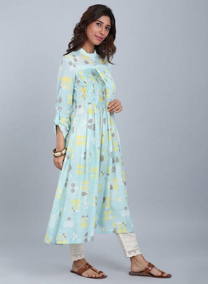 Blue Mandarin Neck Pleated kurta - wforwoman