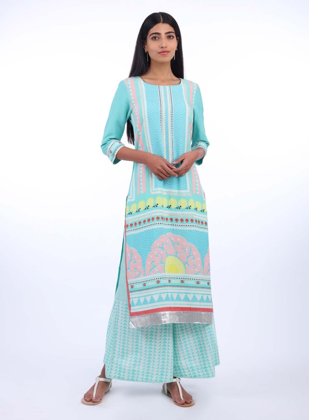 Green Round Neck Printed kurta - wforwoman