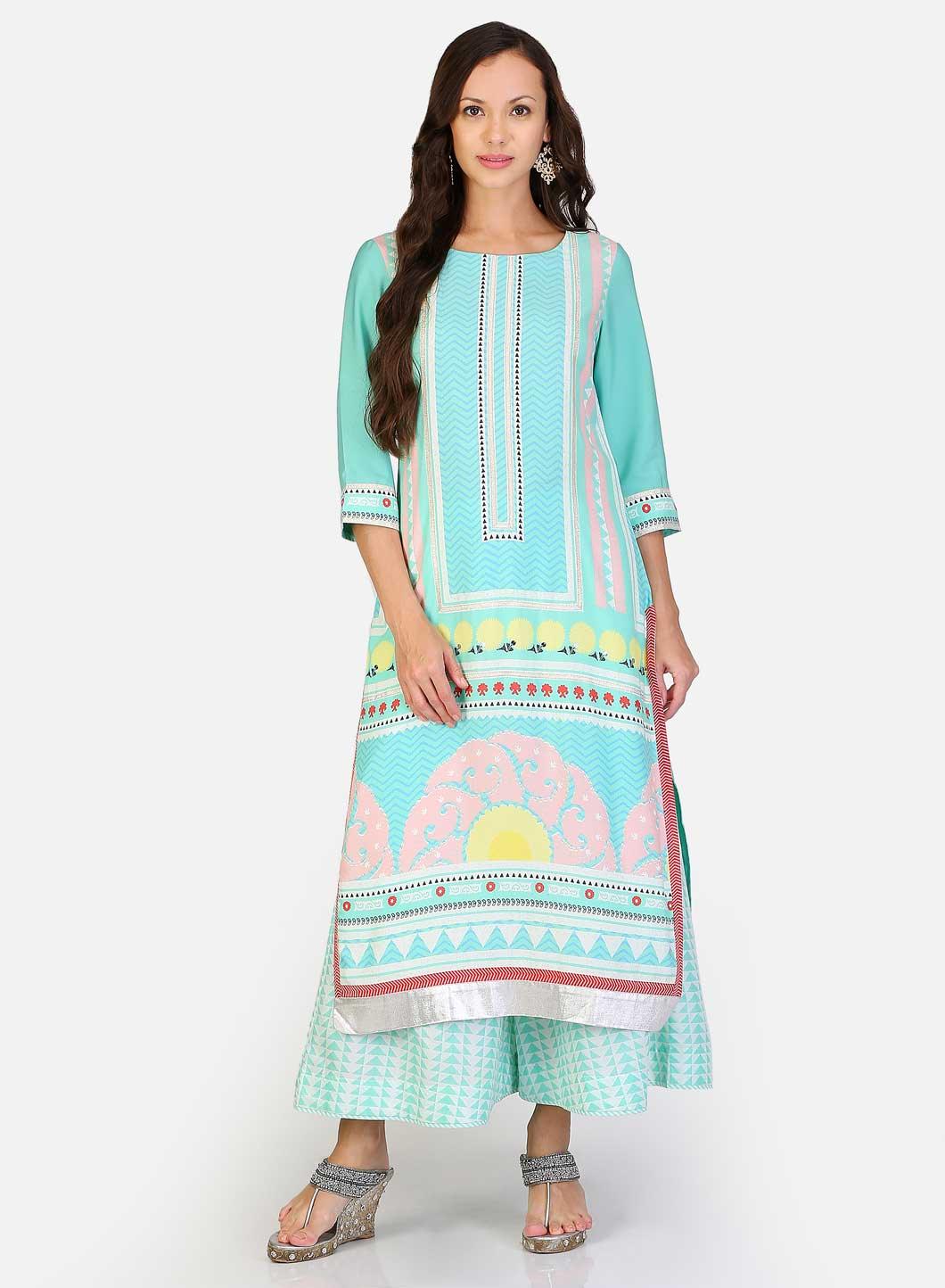 Green Round Neck Printed kurta - wforwoman