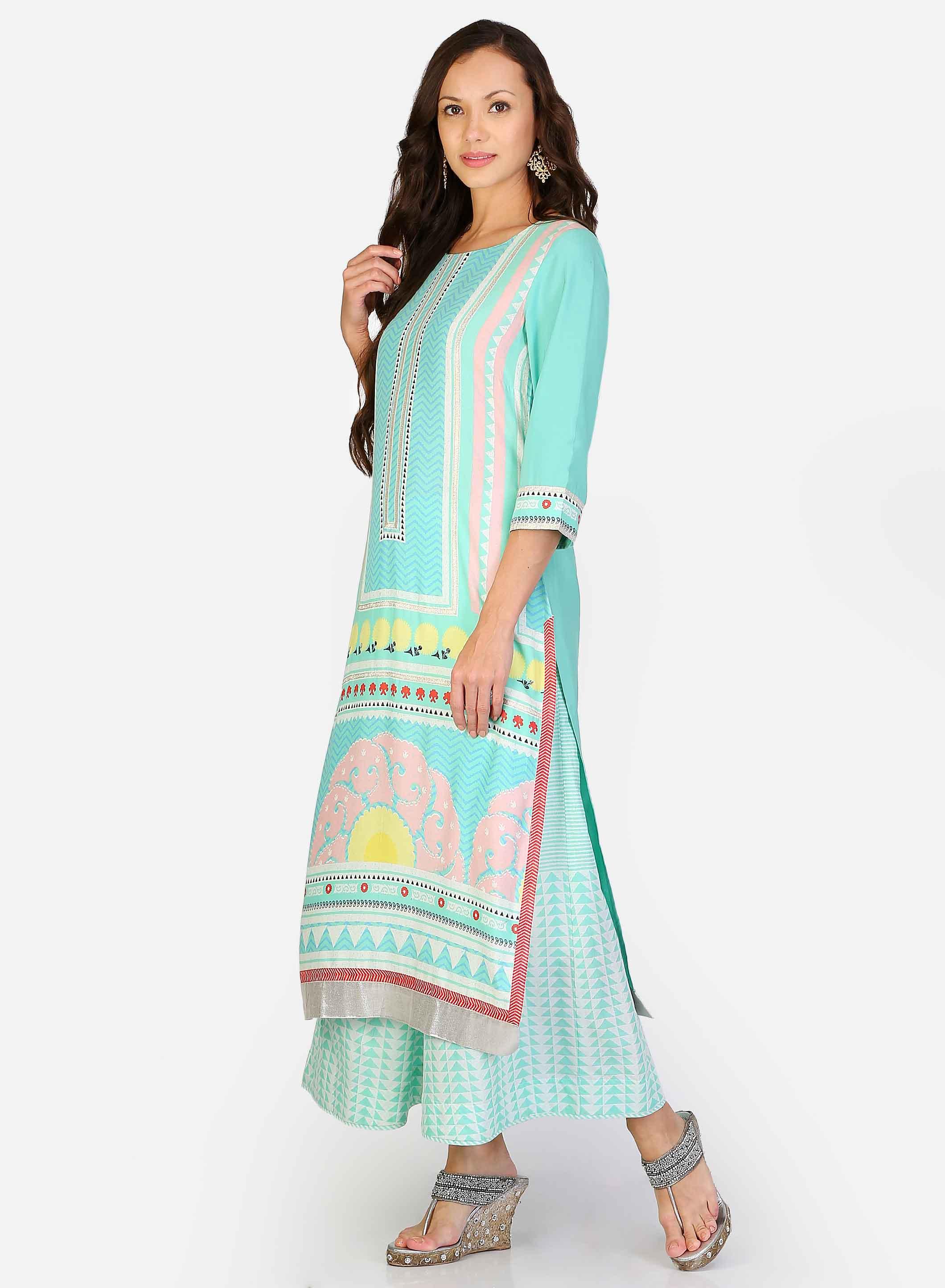 Green Round Neck Printed kurta - wforwoman