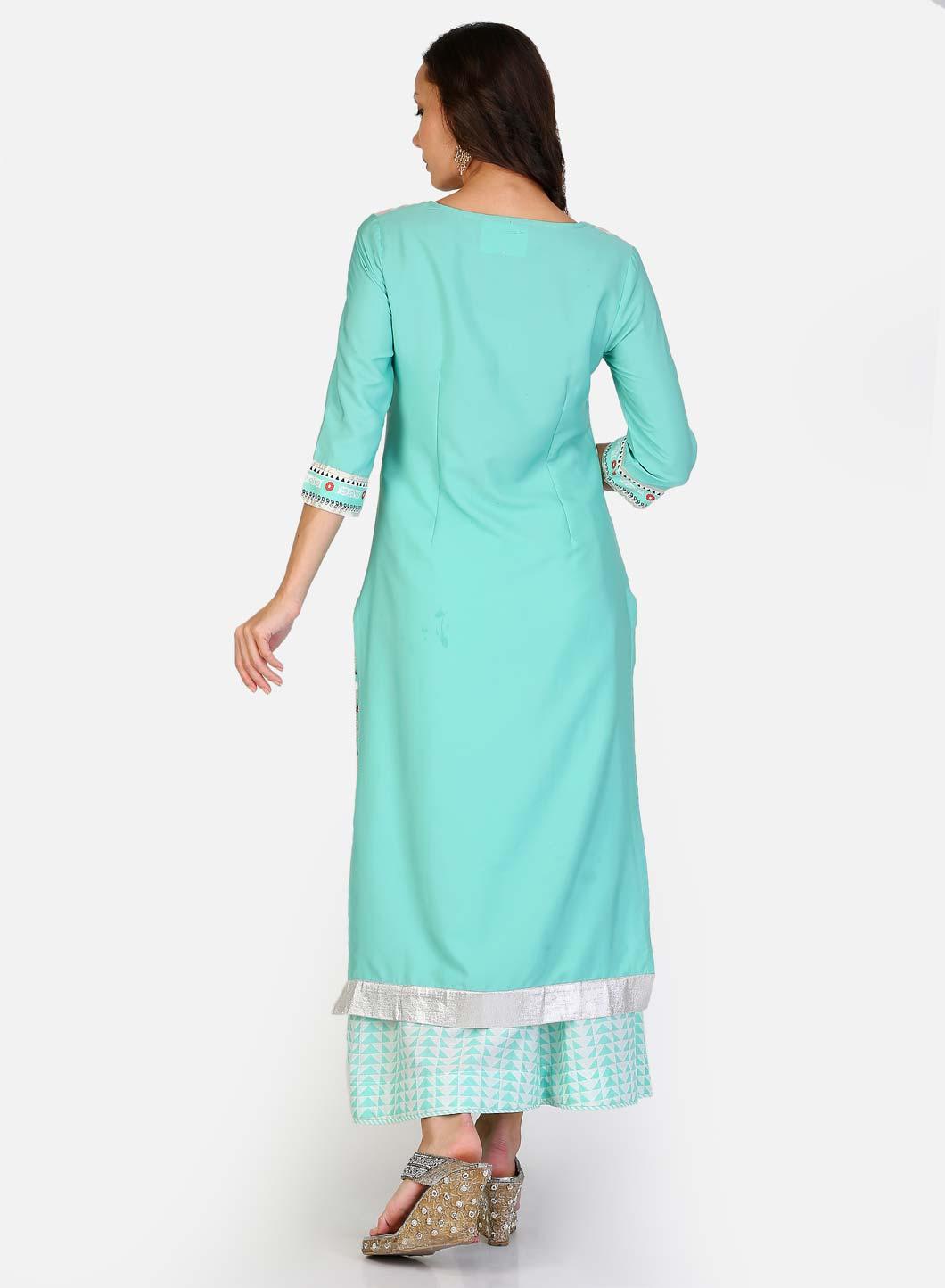 Green Round Neck Printed kurta - wforwoman