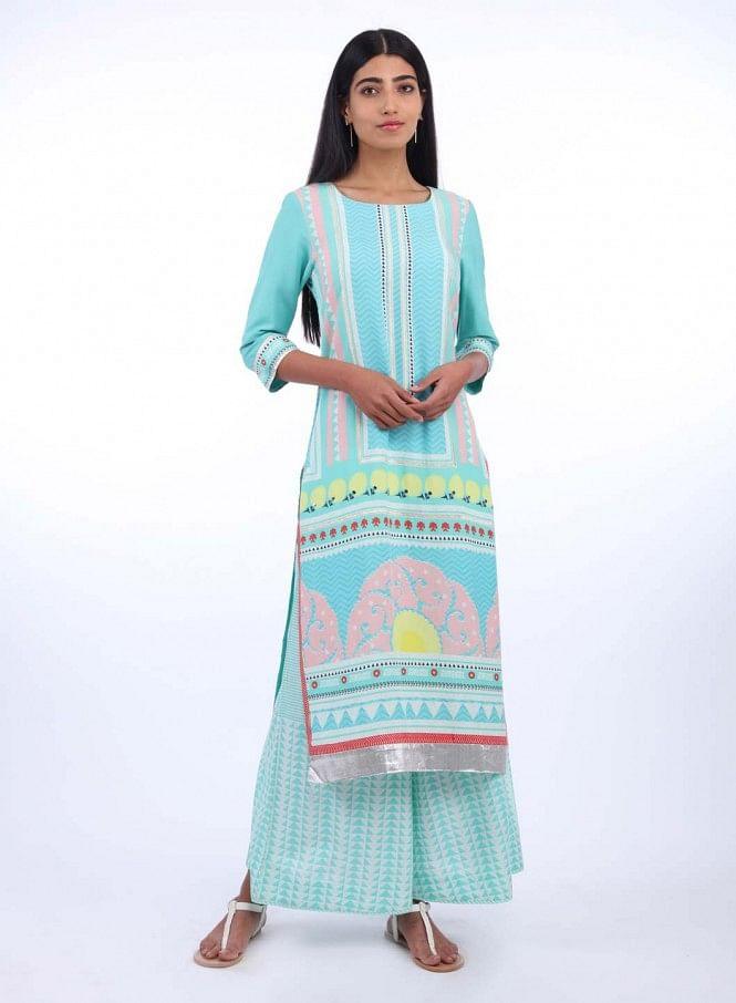 Green Round Neck Printed kurta - wforwoman