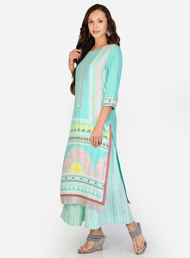 Green Round Neck Printed kurta - wforwoman