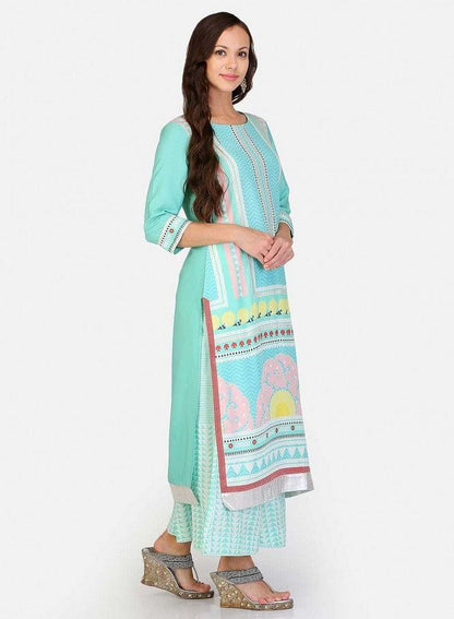 Green Round Neck Printed kurta - wforwoman