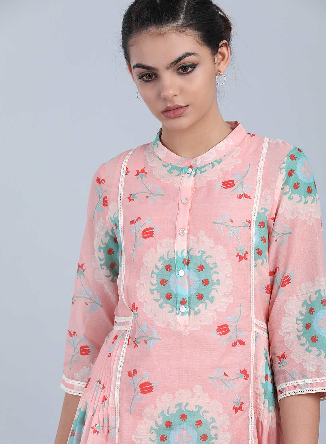 Pink Mandarin Neck Printed kurta