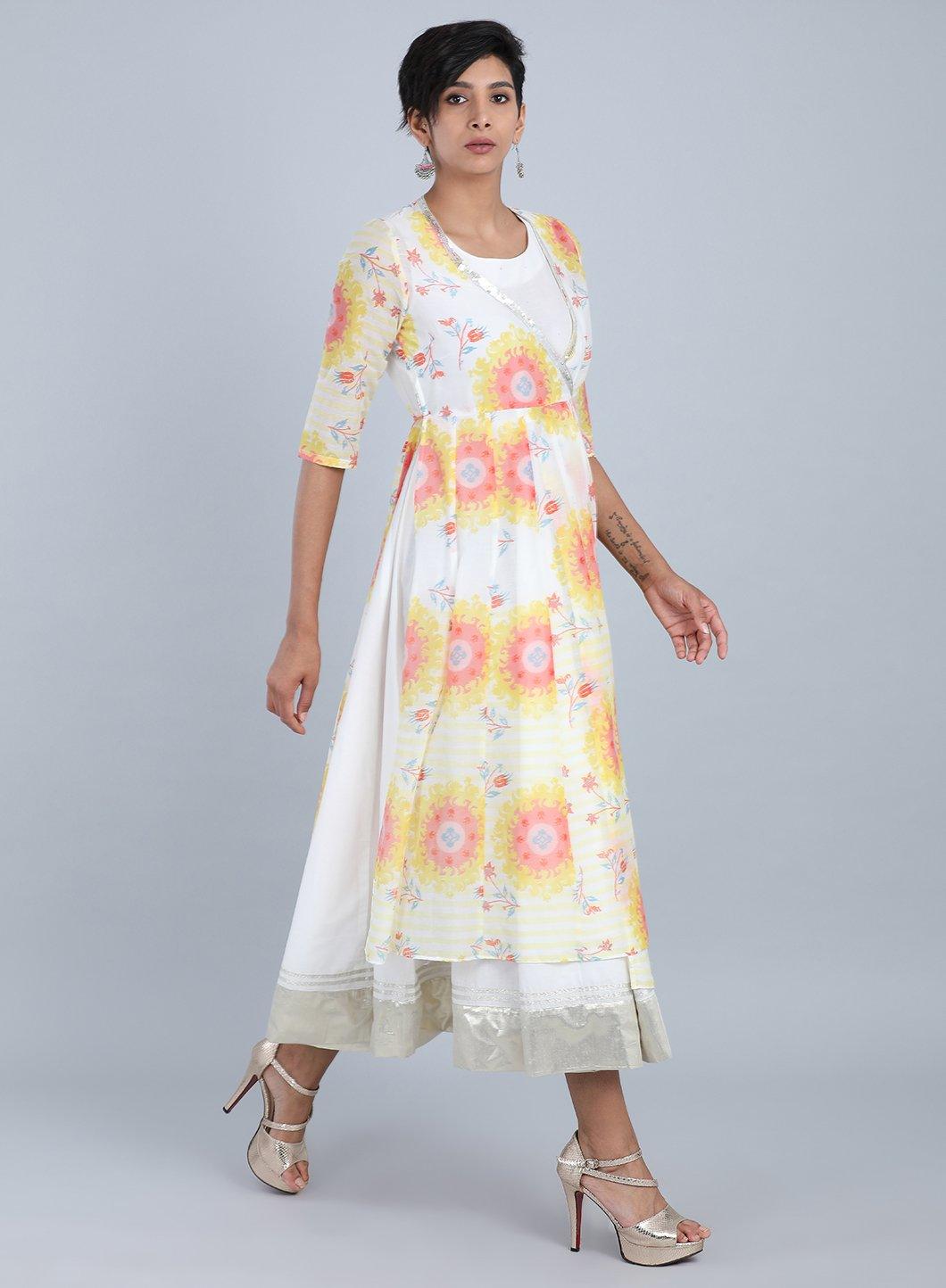 Yellow Round Neck Angrakha kurta - wforwoman