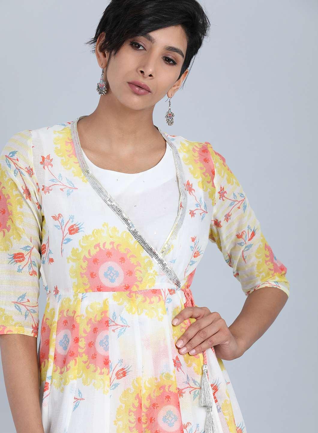 Yellow Round Neck Angrakha kurta - wforwoman