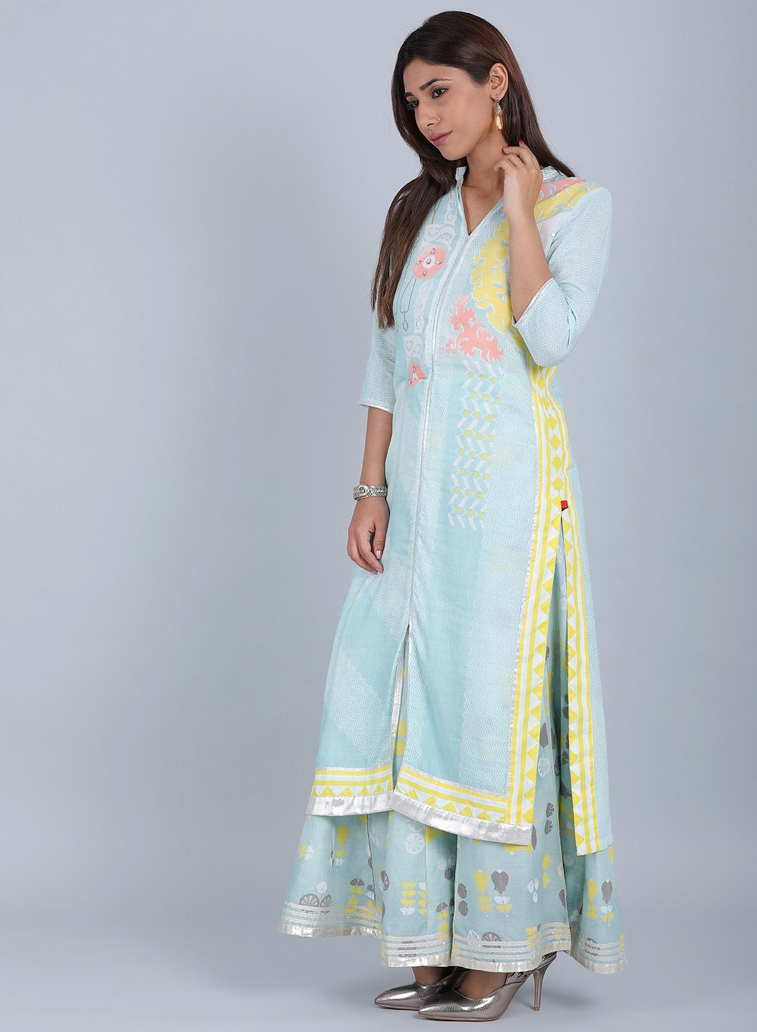 Blue Mandarin Neck Printed kurta - wforwoman