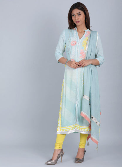 Blue Mandarin Neck Printed kurta - wforwoman