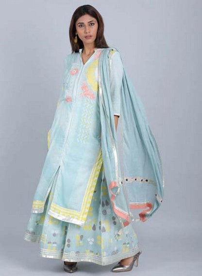 Blue Mandarin Neck Printed kurta - wforwoman