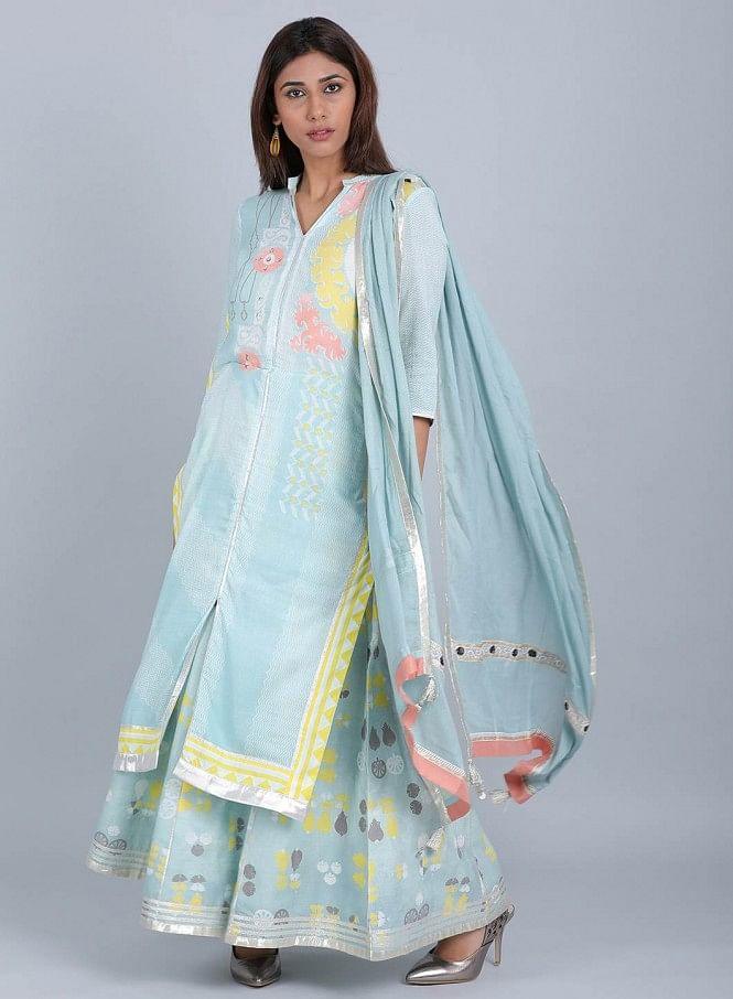 Blue Mandarin Neck Printed kurta - wforwoman