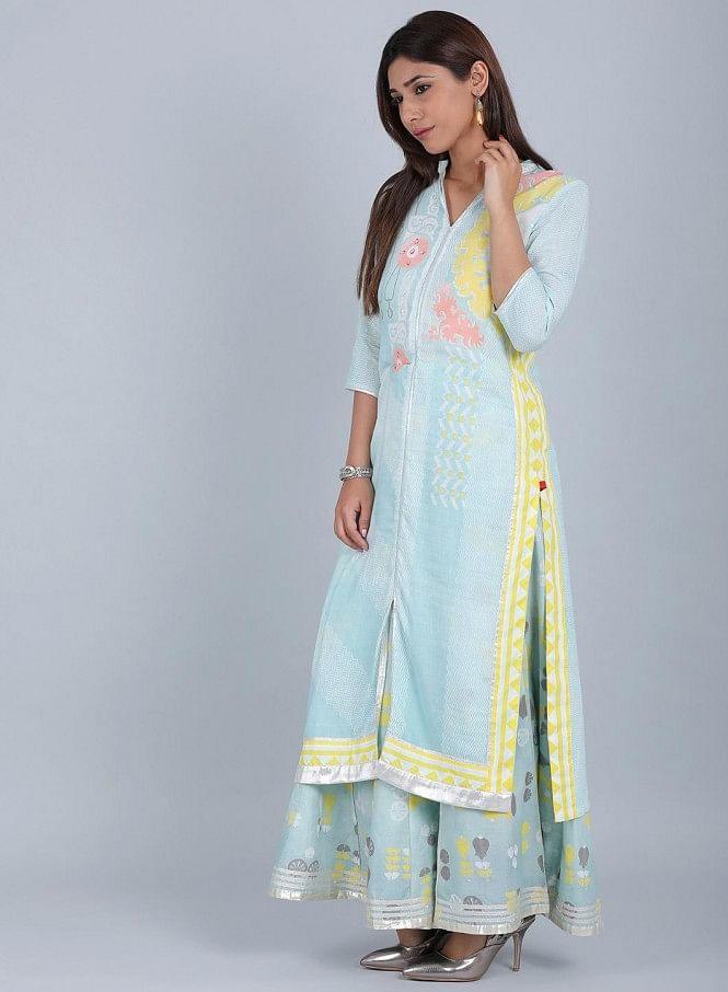 Blue Mandarin Neck Printed kurta - wforwoman