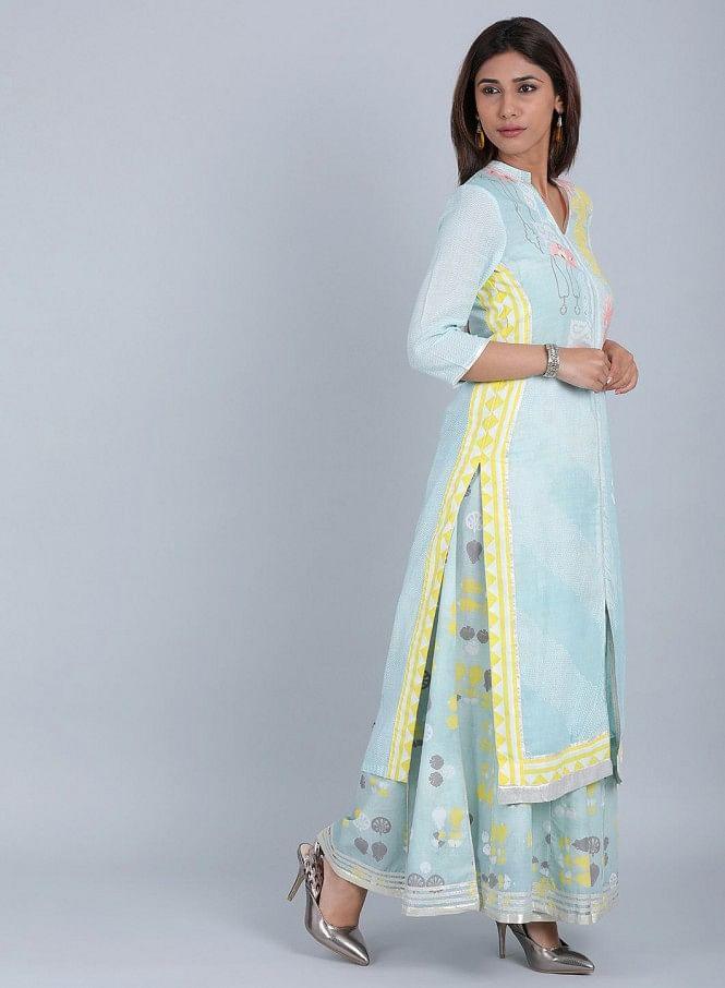 Blue Mandarin Neck Printed kurta - wforwoman