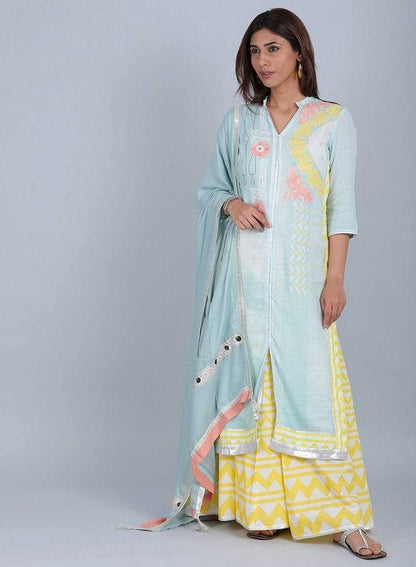 Blue Mandarin Neck Printed kurta - wforwoman