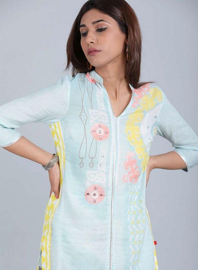 Blue Mandarin Neck Printed kurta - wforwoman