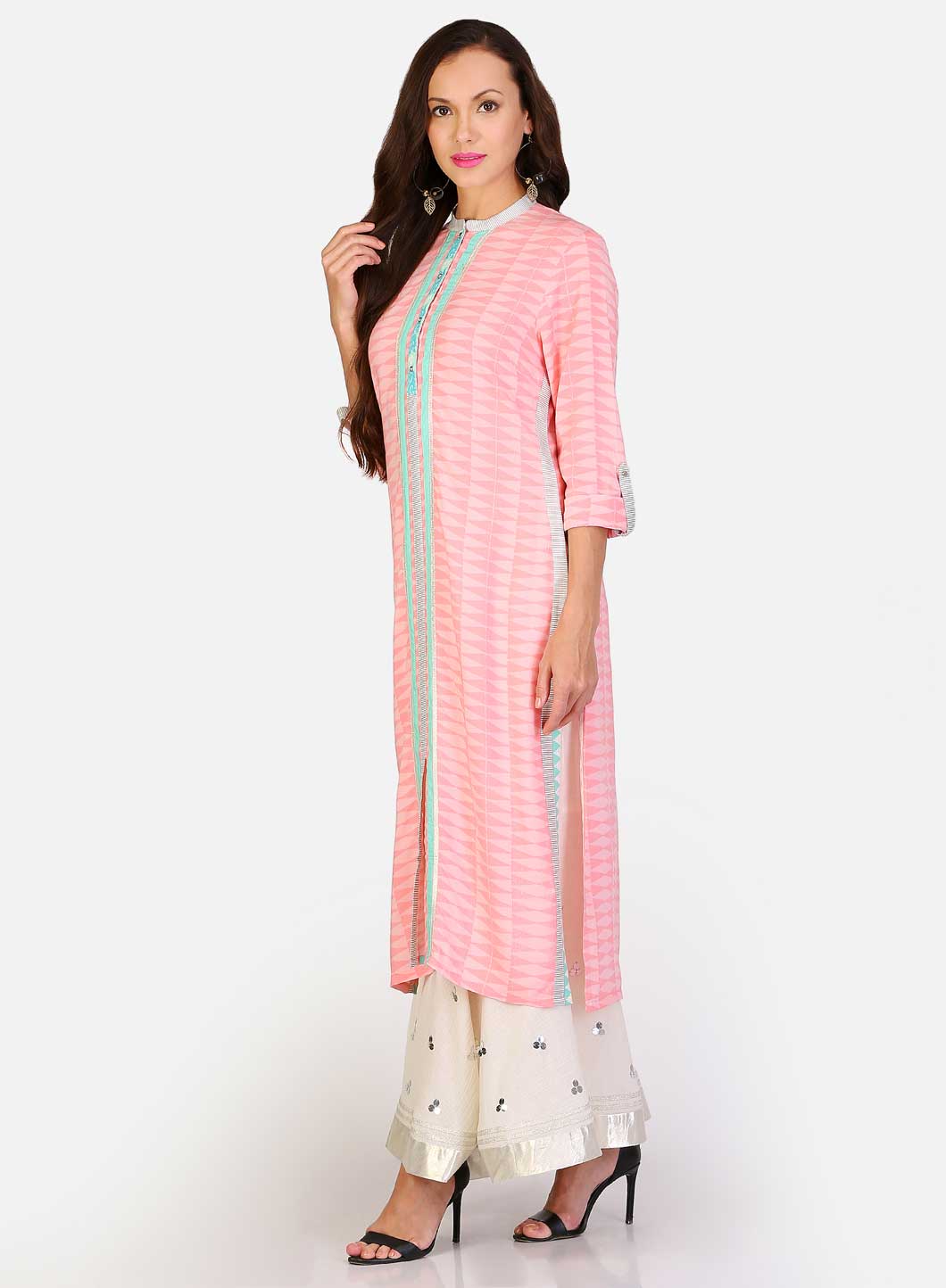 Pink Mandarin Neck Printed kurta