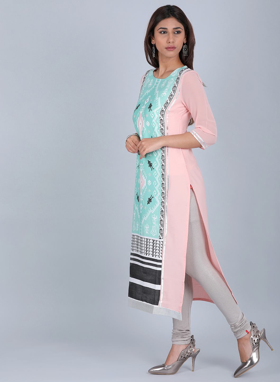 Pink &amp; Blue Round Neck Printed kurta