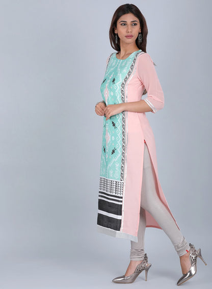 Pink &amp; Blue Round Neck Printed kurta