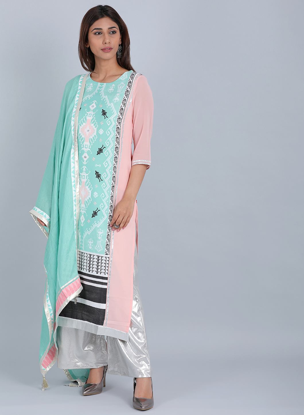 Pink &amp; Blue Round Neck Printed kurta