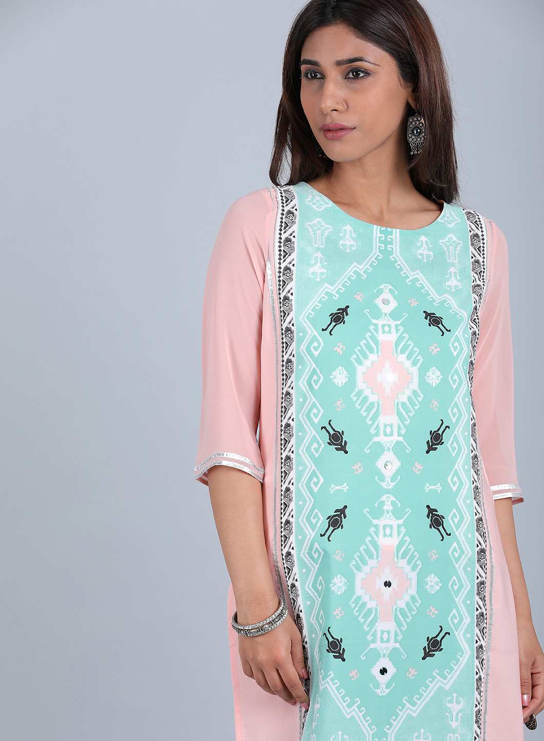 Pink &amp; Blue Round Neck Printed kurta