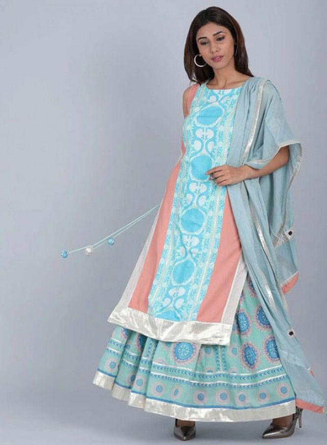 Blue Round Neck Printed kurta - wforwoman