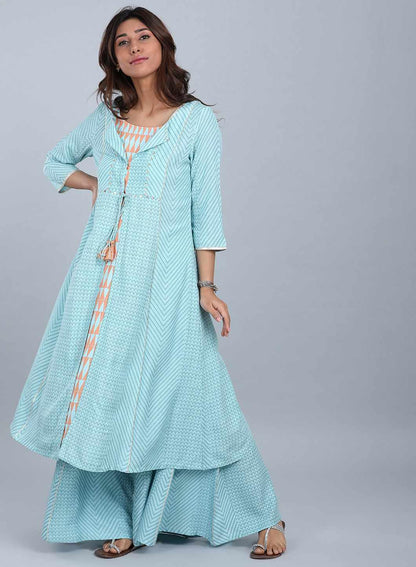 Blue Round Neck Tie-Up kurta - wforwoman