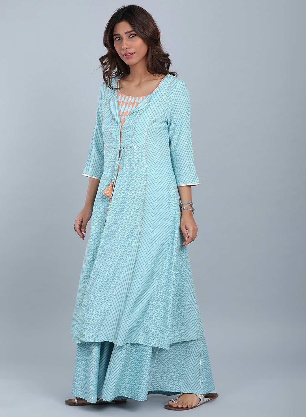 Blue Round Neck Tie-Up kurta - wforwoman