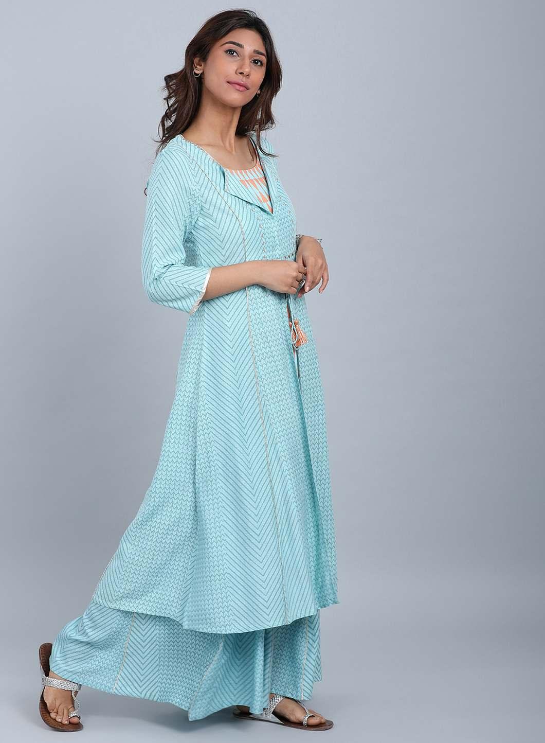 Blue Round Neck Tie-Up kurta - wforwoman