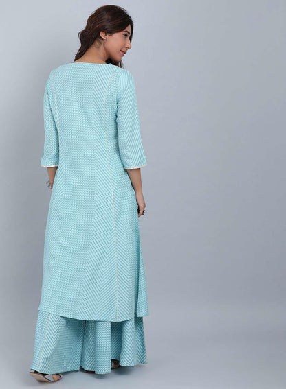 Blue Round Neck Tie-Up kurta - wforwoman