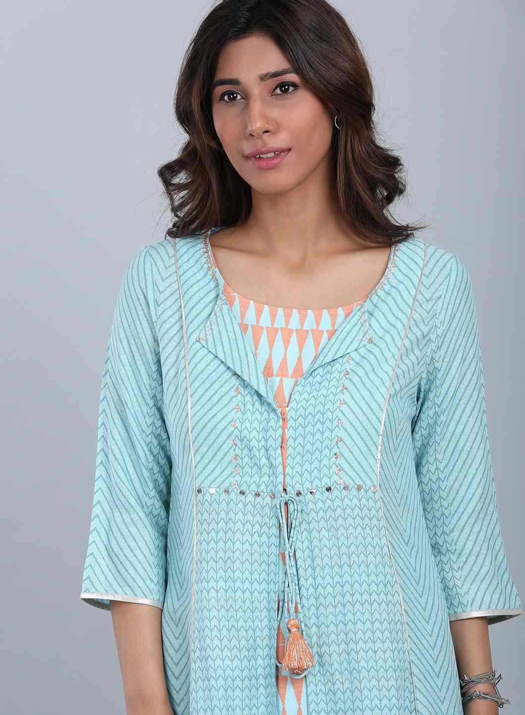 Blue Round Neck Tie-Up kurta - wforwoman