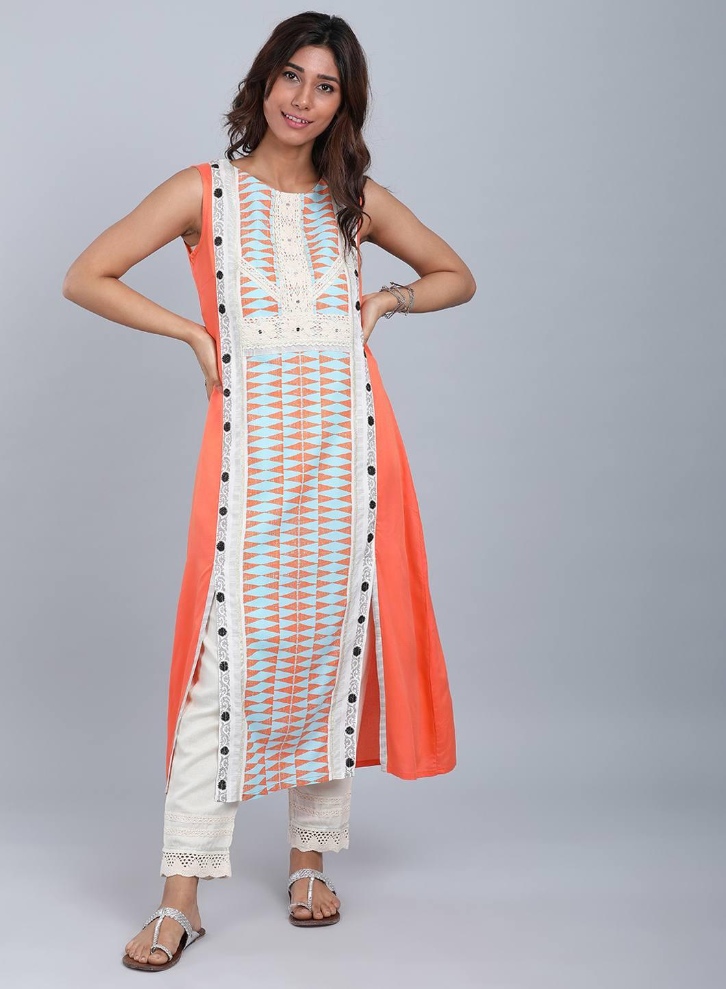 Orange Round Neck Printed kurta - wforwoman