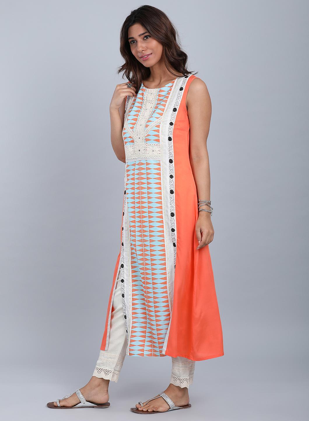 Orange Round Neck Printed kurta - wforwoman