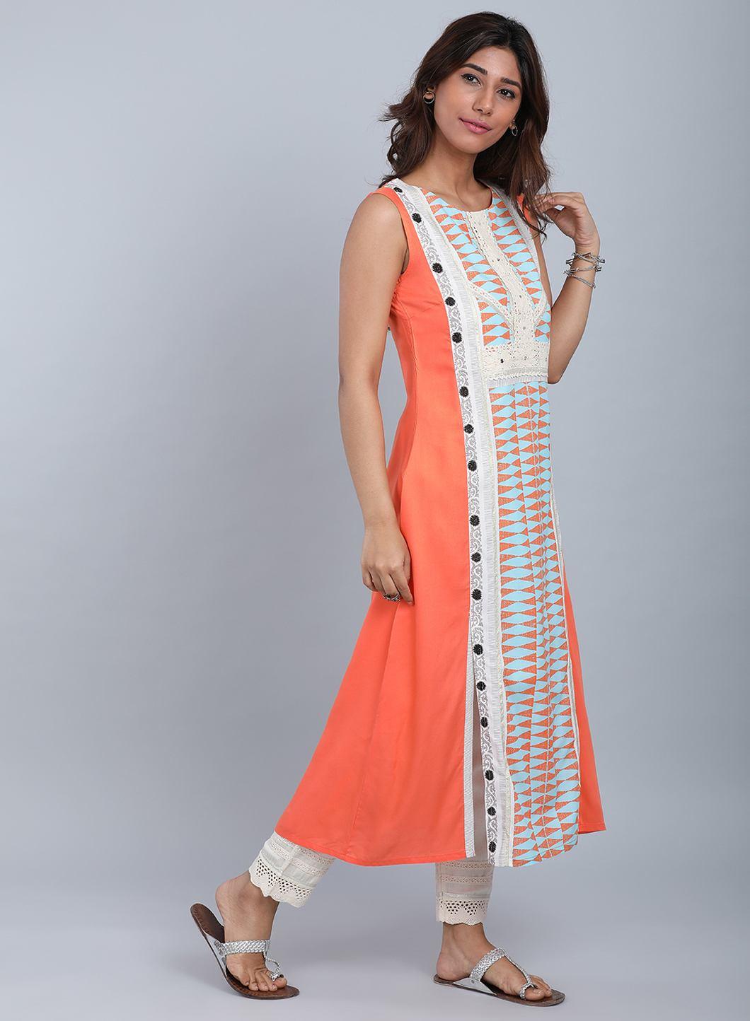 Orange Round Neck Printed kurta - wforwoman