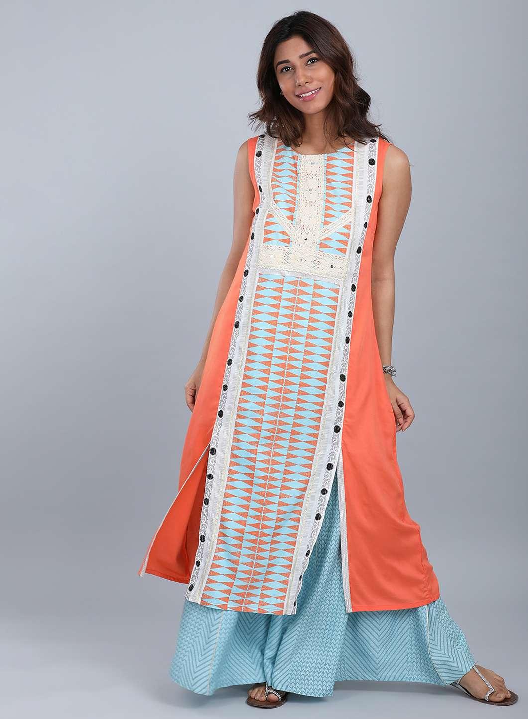 Orange Round Neck Printed kurta - wforwoman