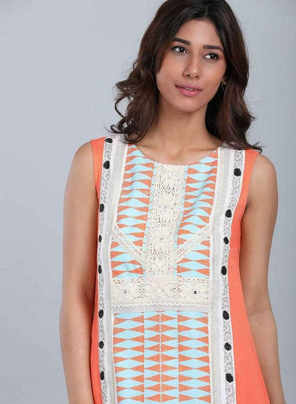 Orange Round Neck Printed kurta - wforwoman