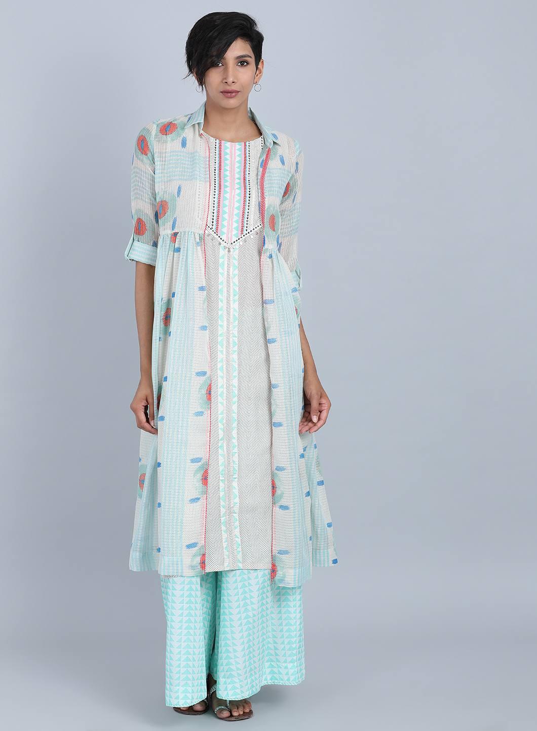 White &amp; Green Collar Neck kurta - wforwoman