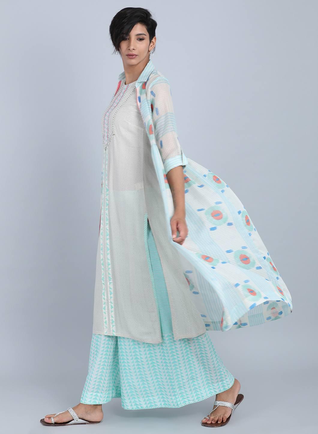 White &amp; Green Collar Neck kurta - wforwoman