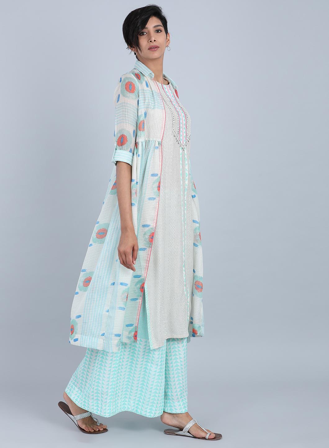 White &amp; Green Collar Neck kurta - wforwoman