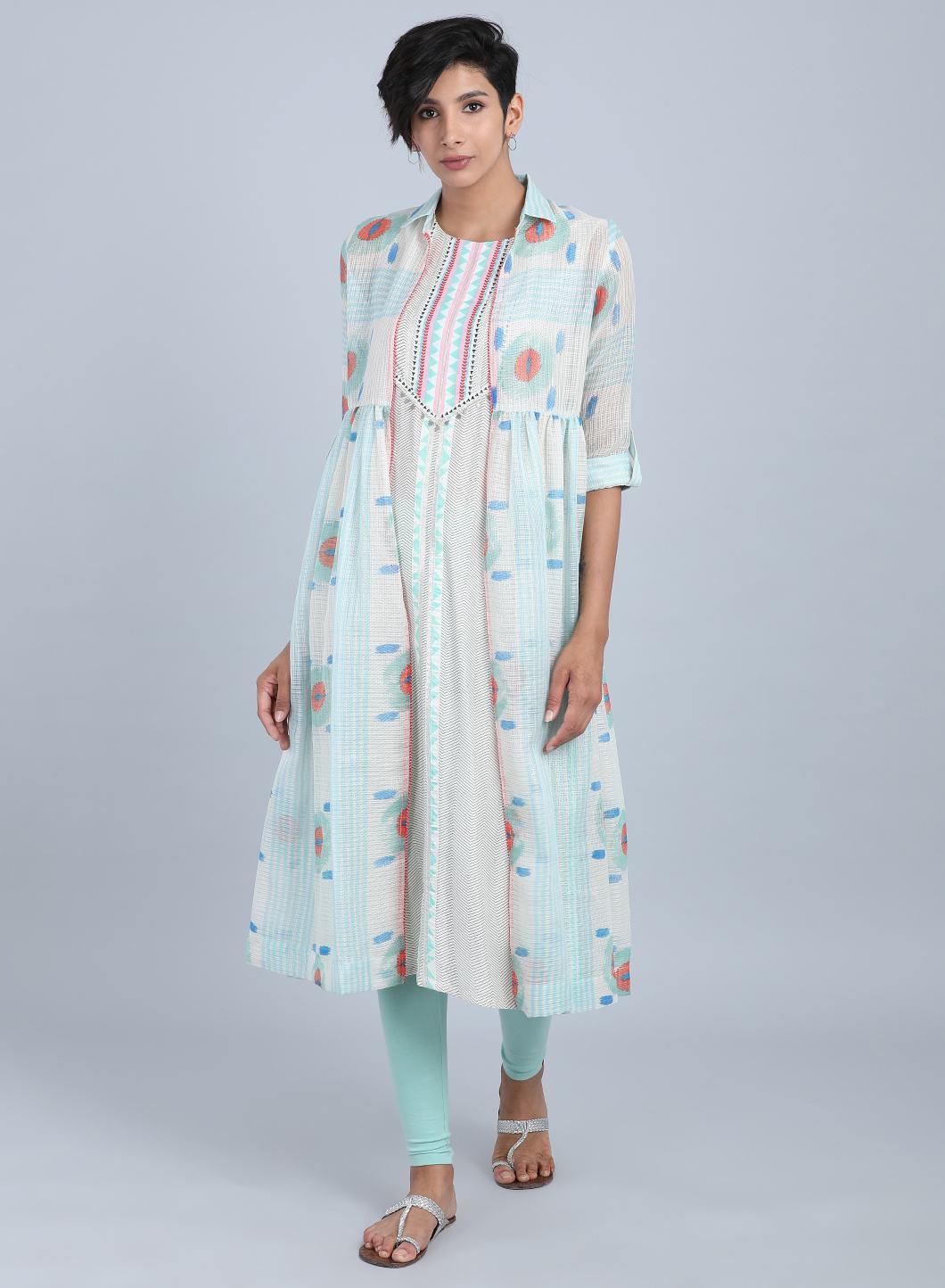 White &amp; Green Collar Neck kurta - wforwoman