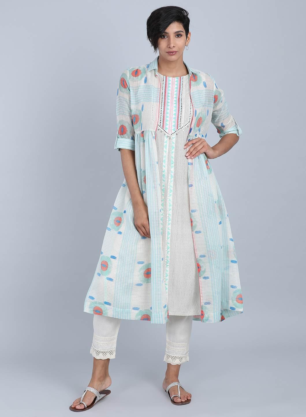 White &amp; Green Collar Neck kurta - wforwoman