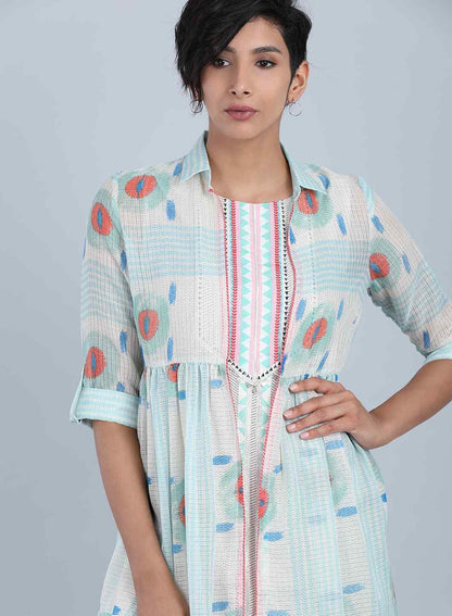 White &amp; Green Collar Neck kurta - wforwoman