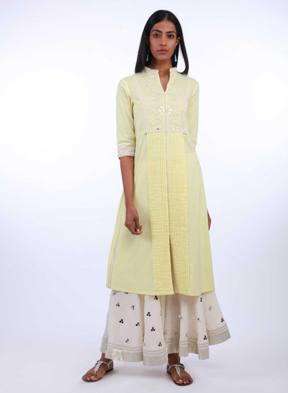 Yellow Mandarin Neck Lace kurta - wforwoman