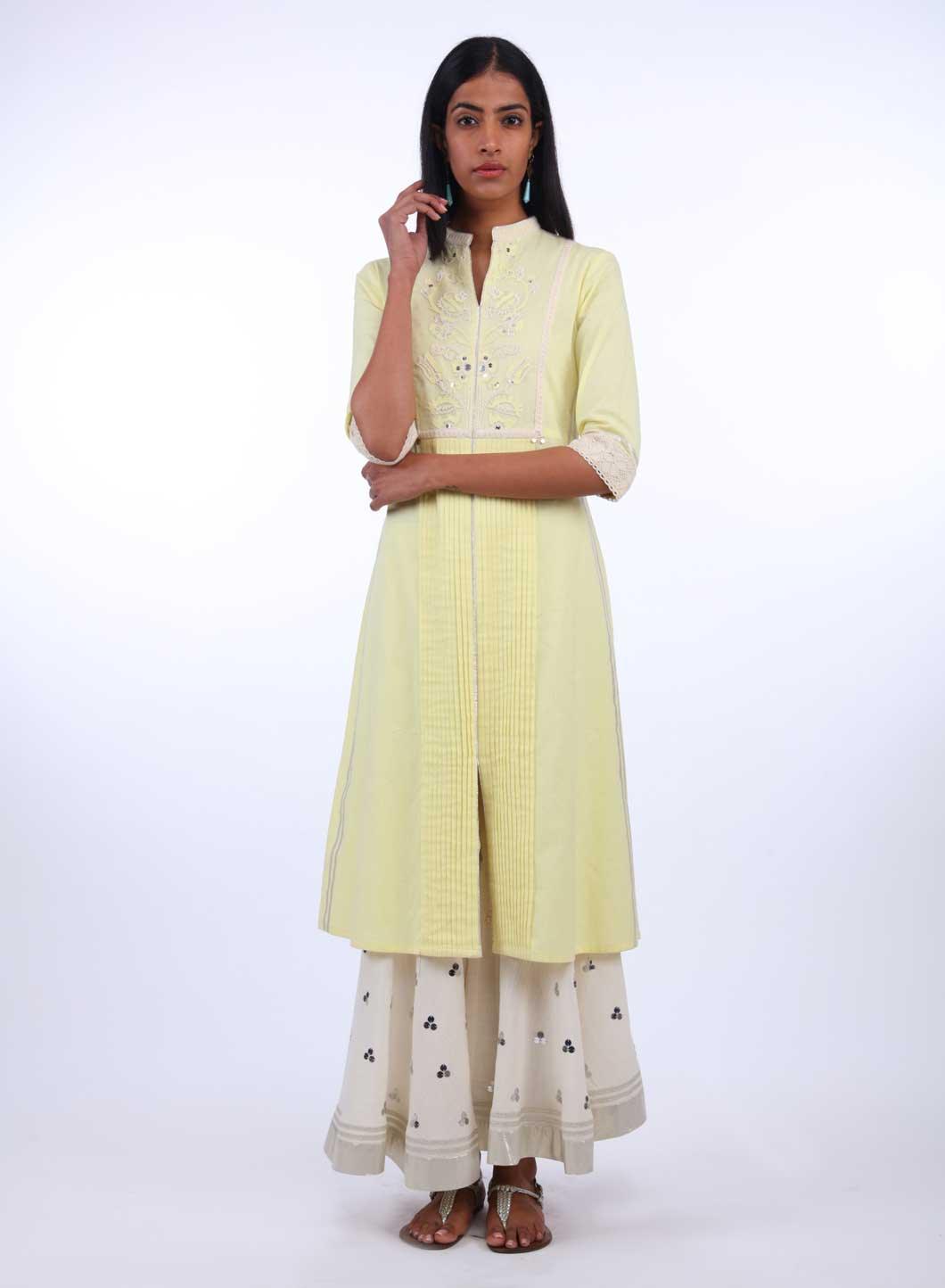 Yellow Mandarin Neck Lace kurta - wforwoman